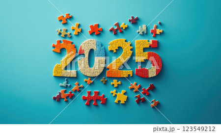 Close-up of the numbers 2025 made up of pieces of multicolored puzzles on a blue background. World Autism Day Close-up of the numbers 2025 made up of pieces of multicolored puzzles on a blue background. World Autism Day 123549212