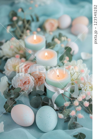 Easter interior decoration with burning candles, Easter eggs, hay and spring flowers 123549282