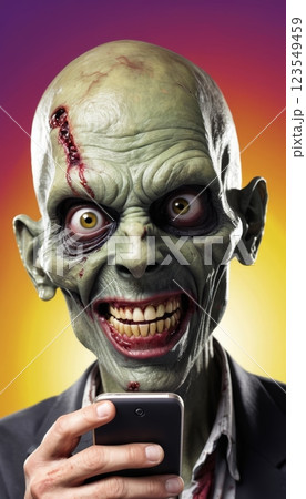 Zombie Addiction Engrossed in Smartphone, Brainrot Concept 123549459