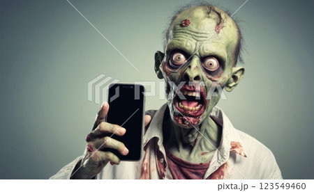 Zombie Addiction Engrossed in Smartphone, Brainrot Concept 123549460