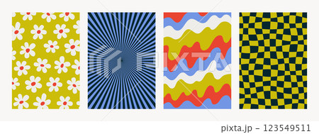 Abstract psychedelic retro pattern set. Groovy backgrounds in retro colors. Trendy funky vector textures in abstract y2k style. Vector graphic for posters and art prints. 123549511