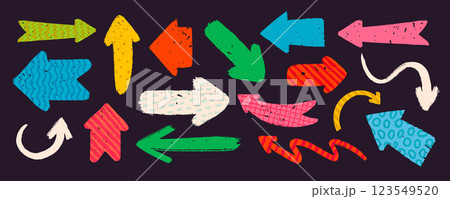 Hand drawn vector arrows with various patterns in rough rustic style. Hand drawn vector arrows with various patterns in rough rustic style. 123549520