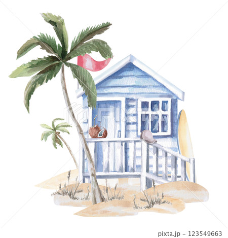 Blue beach house on sand. Isolated watercolor hut illustration for seaside restaurant design, theme parties, poster printing and clothing Blue beach house on sand. Isolated watercolor hut illustration for seaside restaurant design, theme parties, poster printing and clothing 123549663