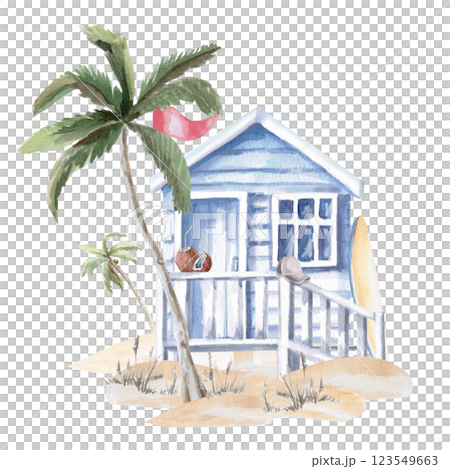 Blue beach house on sand. Isolated watercolor hut illustration for seaside restaurant design, theme parties, poster printing and clothing Blue beach house on sand. Isolated watercolor hut illustration for seaside restaurant design, theme parties, poster printing and clothing 123549663