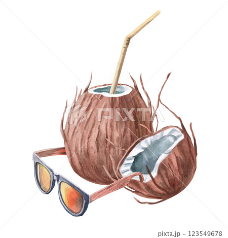 Composition of whole and half coconut and sunglasses. Isolated watercolor illustration of beach theme for design of tourist brochures, sport shops, printing on postcards, clothes Composition of whole and half coconut and sunglasses. Isolated watercolor illustration of beach theme for design of tourist brochures, sport shops, printing on postcards, clothes 123549678
