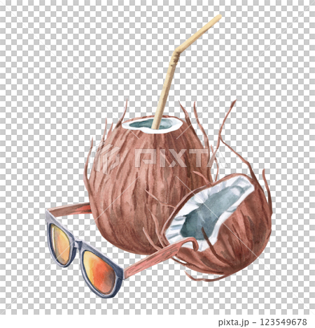 Composition of whole and half coconut and sunglasses. Isolated watercolor illustration of beach theme for design of tourist brochures, sport shops, printing on postcards, clothes 123549678