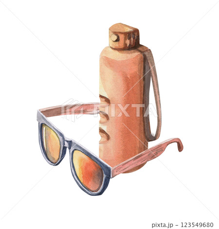 Composition of sports water bottle and sunglasses. Isolated watercolor illustration of beach theme for design of tourist brochures, sports shops, printing on postcards. 123549680