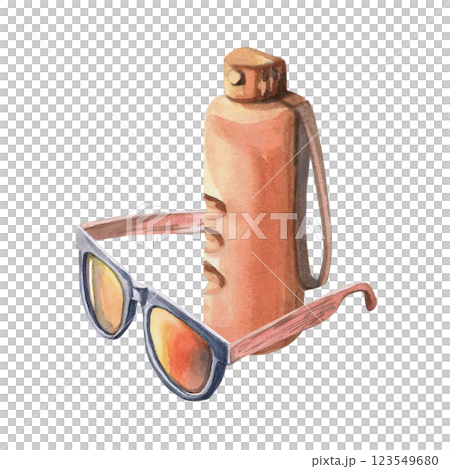 Composition of sports water bottle and sunglasses. Isolated watercolor illustration of beach theme for design of tourist brochures, sports shops, printing on postcards. 123549680