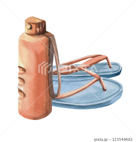 Composition of sports water bottle and flip flops. Isolated watercolor illustration of beach theme for design of tourist brochures, sports shops, printing on postcards 123549682