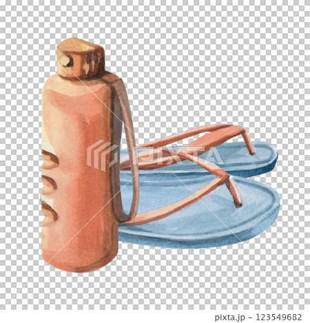 Composition of sports water bottle and flip flops. Isolated watercolor illustration of beach theme for design of tourist brochures, sports shops, printing on postcards 123549682