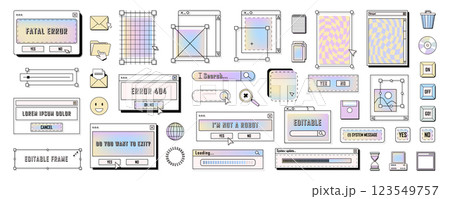 Set of retro digital desktop icons and frames. Vector pc or computer message windows and user interface icons. Vintage application notification. System dialog with buttons. Technology element design. 123549757