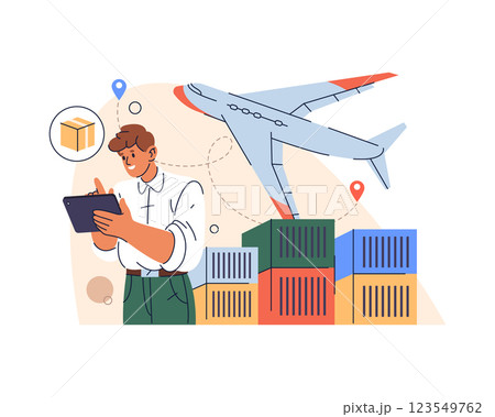 Airplane with cargo containers for airmail delivery. Vector freight transportation or express shipping, postal and logistics. Global trade via aviation network. International commerce. Air parcel. Airplane with cargo containers for airmail delivery. Vector freight transportation or express shipping, postal and logistics. Global trade via aviation network. International commerce. Air parcel. 123549762