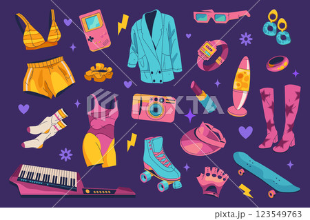 Set of vector icon of women items. 90s fashion and beauty outfit and vintage style accessory. Classic girl power aesthetic style. Swimsuit and lady costume, dress and wear. Lady, female, woman symbol. 123549763