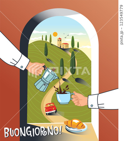 Vector illustration in cartoon style with people pouring coffee for breakfast from a coffee maker. Italy landscape background 123549779