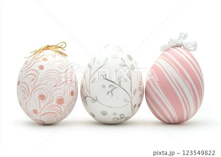 Contemporary design Easter eggs isolated on white background featuring minimal patterns and soft colors Contemporary design Easter eggs isolated on white background featuring minimal patterns and soft colors 123549822