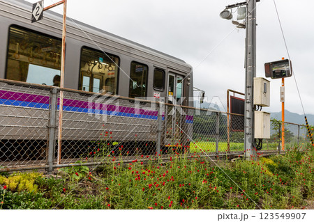 田舎の駅に停車している電車【芸備線 比婆山駅】 田舎の駅に停車している電車【芸備線 比婆山駅】 123549907