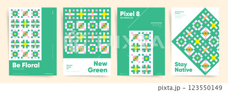 Floral Geometric Pattern Cover Design. Modern Green Abstract Layout for Brochure, Flyer, Poster, Business Presentation, Corporate Identity, Branding, Advertising, Marketing, Digital Print 123550149