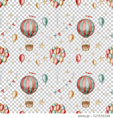 Watercolor seamless pattern with hot air Balloons and festive banners. Illustration of background with stars and vintage air ship in green and red colors in vintage Circus style for nursery wallpaper. 123550180