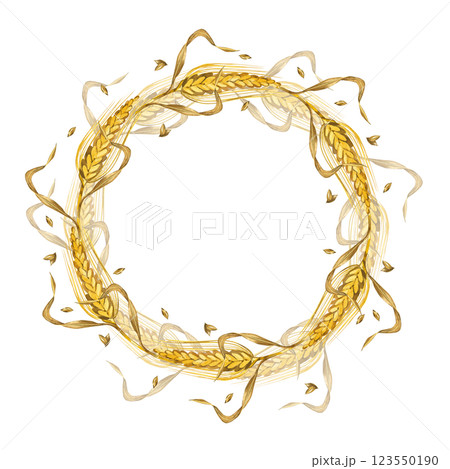 Wreath of wheat ears, wheat leaves and ripe grains. All objects are hand-drawn with watercolors and isolated on a white background. Suitable for printing on fabric, product packaging, and tableware. 123550190