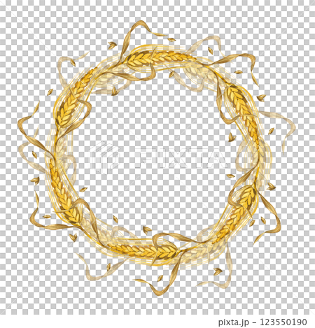 Wreath of wheat ears, wheat leaves and ripe grains. All objects are hand-drawn with watercolors and isolated on a white background. Suitable for printing on fabric, product packaging, and tableware. 123550190