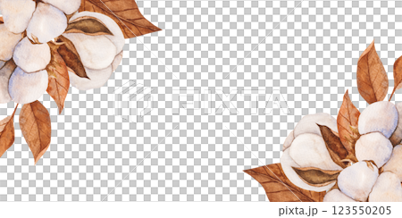 Hand drawn watercolor frame with cotton plant and brown dry leaves. Vintage botanical illustration. Template with space for text. Perfect for invitations, packaging, branding, textile, decor Hand drawn watercolor frame with cotton plant and brown dry leaves. Vintage botanical illustration. Template with space for text. Perfect for invitations, packaging, branding, textile, decor 123550205