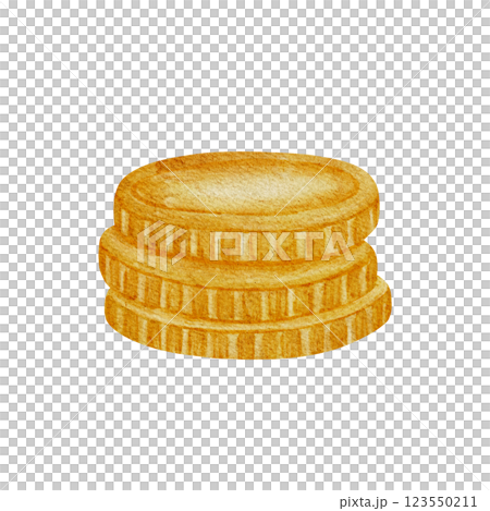 Hand drawn watercolor illustration of gold coins. Realistic style, warm golden tones. Perfect for St Patrick's Day, games, treasure themes, prints, stickers, greeting cards, scrapbooking, decor. 123550211