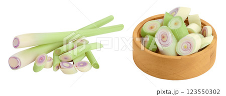 Fresh Lemongrass in wooden bowl isolated on white background with full depth of field 123550302