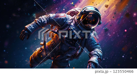 Portrait of astronaut floating in space with a asteroids, space rocks, burning sparks on backdrop. Generative AI 123550466