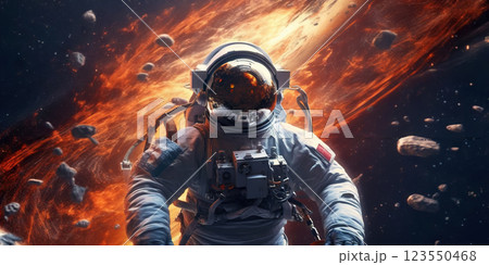 Portrait of astronaut floating in space with a asteroids, space rocks, burning sparks on backdrop. Generative AI 123550468