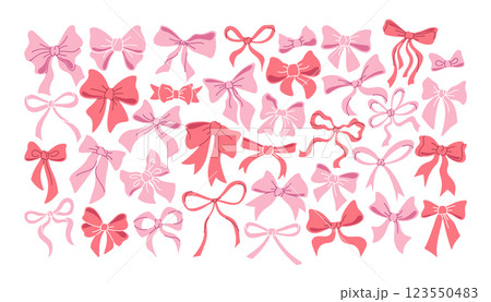 Vintage girlie pink bows for cute romantic gifts, greeting cards accessories hairstyle elements set 123550483