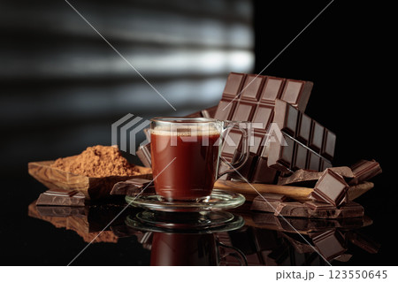 Mug of hot chocolate against broken bitter chocolate bars and dish with cocoa powder. Mug of hot chocolate against broken bitter chocolate bars and dish with cocoa powder. 123550645