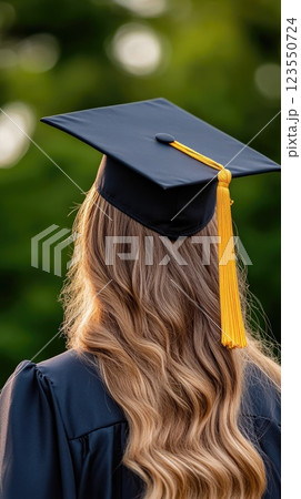 A female student wears a graduation hat, gazing into a blurred green backdrop, bathed in warm sunlight, symbolizing achievement 123550724