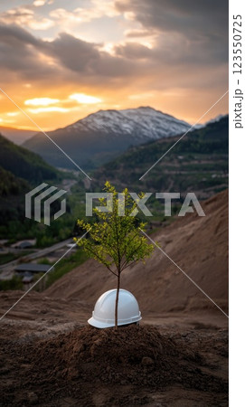 Young plant emerges from soil near safety helmet at a power plant construction site under a vibrant sunset sky, symbolizing new life 123550725
