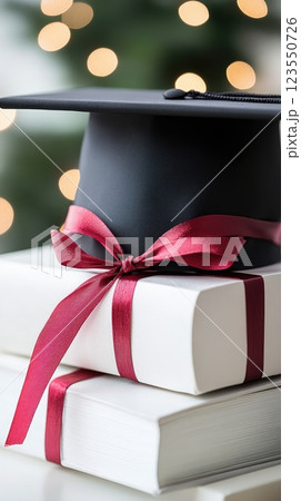 Graduation cap and tassel sit atop a stack of books, with a diploma and red ribbon elegantly displayed nearby 123550726