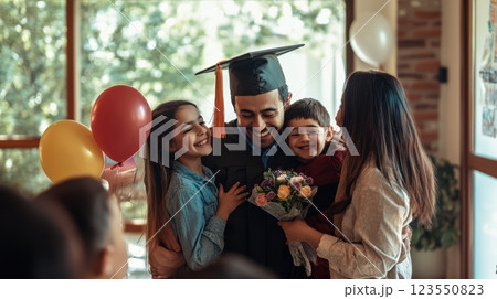 Proud family celebrating a graduate's achievement with hugs, smiles, and festive decor in a cozy home setting, capturing joy and support. 123550823