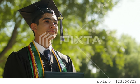 Confident graduate in cap and gown holding a diploma, looking toward a bright future with hope and ambition, symbolizing new opportunities and success. Confident graduate in cap and gown holding a diploma, looking toward a bright future with hope and ambition, symbolizing new opportunities and success. 123550825