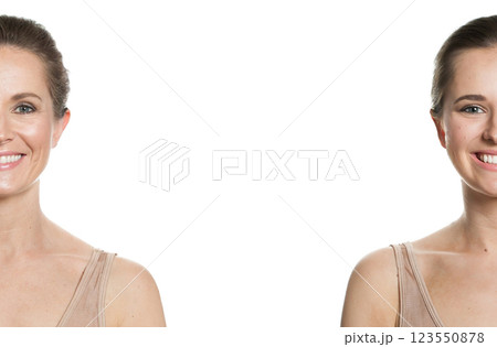 Cheerful woman before and after posing on white background. Two women portrait.  123550878