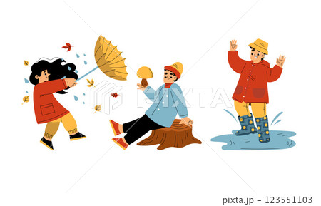 Cute Children Characters Enjoy Autumn Season Vector Set Cute Children Characters Enjoy Autumn Season Vector Set 123551103