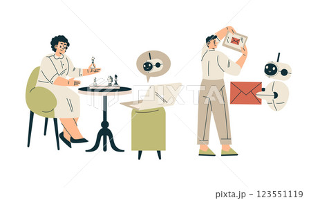 Artificial Intelligence Technology with People Character Interacting with Smart Bot Vector Set 123551119