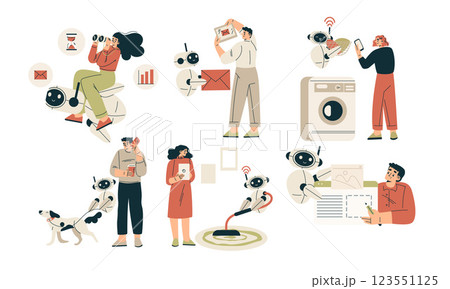 Artificial Intelligence Technology with People Character Interacting with Smart Bot Vector Set 123551125