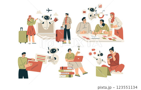 Artificial Intelligence Technology with People Character Interacting with Smart Bot Vector Set 123551134