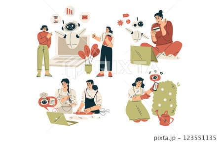Artificial Intelligence Technology with People Character Interacting with Smart Bot Vector Set Artificial Intelligence Technology with People Character Interacting with Smart Bot Vector Set 123551135