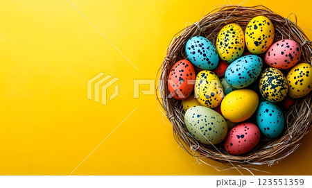 A horizontal banner with a basket of Easter eggs, an empty copy space for the text 123551359