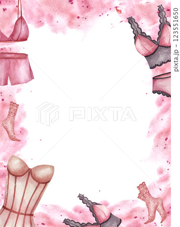 Lingerie. Frame postcard with women corset and lace socks, panties. Pink watercolor spot along the perimeter. Illustration isolated from the background. For invitations, brochure in underwear store Lingerie. Frame postcard with women corset and lace socks, panties. Pink watercolor spot along the perimeter. Illustration isolated from the background. For invitations, brochure in underwear store 123551650