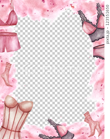 Lingerie. Frame postcard with women corset and lace socks, panties. Pink watercolor spot along the perimeter. Illustration isolated from the background. For invitations, brochure in underwear store Lingerie. Frame postcard with women corset and lace socks, panties. Pink watercolor spot along the perimeter. Illustration isolated from the background. For invitations, brochure in underwear store 123551650