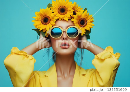 Futuristic creative portrait of Ukrainian girl with a wreath of sunflowers on her head 123551699