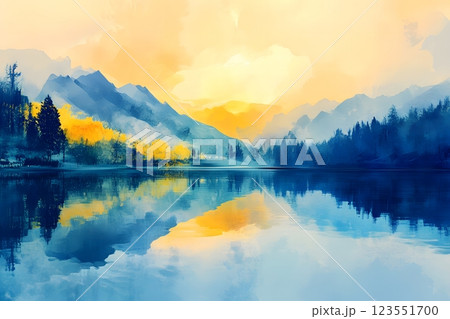 Landscape with lake and mountains in blue-yellow colors, watercolor, painting 123551700