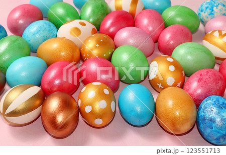 Happy Easter concept, spring card, background or banner for screen, Decorated Easter eggs, simple idea for coloring eggs at home, template for design. selective focus 123551713