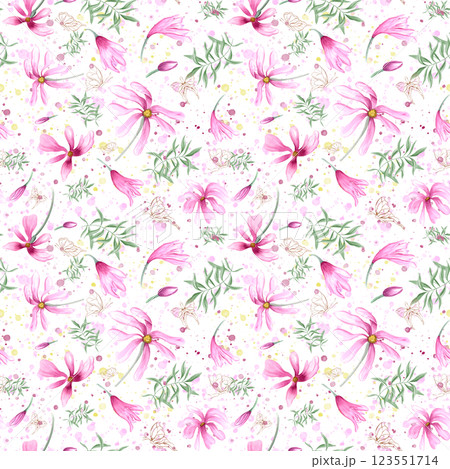 Spring abstract pink magnolia flowers, green leaves and fluttering golden butterflies seamless pattern on watercolor colored splashes. Bright floral ornate for textile, canvas, holiday package Spring abstract pink magnolia flowers, green leaves and fluttering golden butterflies seamless pattern on watercolor colored splashes. Bright floral ornate for textile, canvas, holiday package 123551714