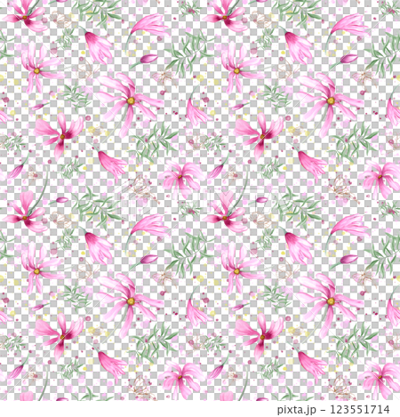Spring abstract pink magnolia flowers, green leaves and fluttering golden butterflies seamless pattern on watercolor colored splashes. Bright floral ornate for textile, canvas, holiday package 123551714